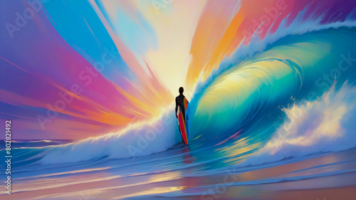 Vibrant Surfing Amid Stunning Abstract Background, Harmonious Color Symphony.