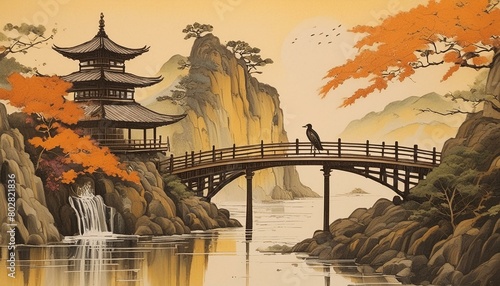 Asian, ((ink painting)), bridge, dripping ink, cliff, waterfall, muted colors, orange photo