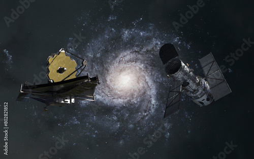 3D illustration of space telescopes Hubble and JWST. High quality digital space art in 5K - realistic visualization (ID: 802821852)