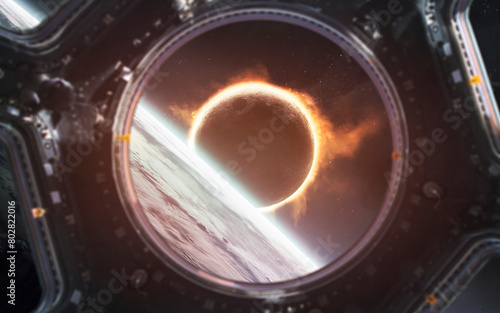 3D illustration of solar eclipse at Earth orbit. High quality digital space art in 5K - realistic visualization (ID: 802822016)