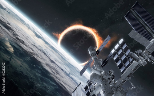 3D illustration of solar eclipse at Earth orbit. High quality digital space art in 5K - realistic visualization (ID: 802822021)