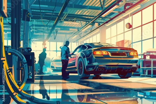 A man standing next to a car in a garage. Perfect for automotive industry promotions © Ева Поликарпова