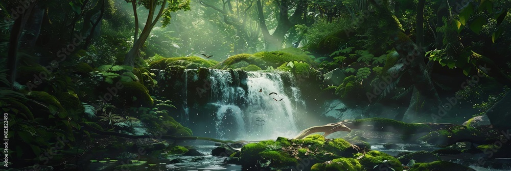 a majestic brown bear stands amidst a lush forest, with a cascading waterfall in the background a majestic brown bear stands amidst a lush forest, with a cascading waterfall in the background