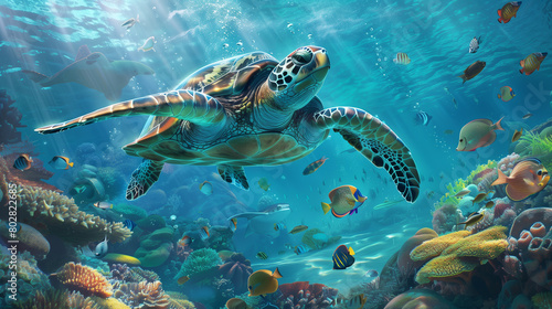 turtle and fish swim underwater. By looking from the side.