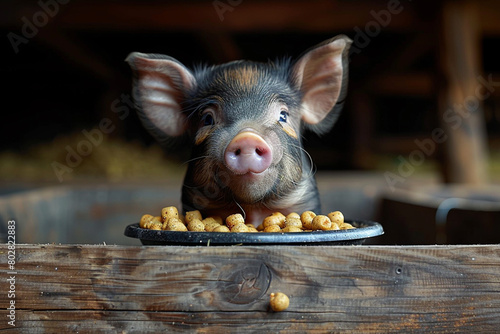A contented pot-bellied pig rooting through a trough of nutritious pellets, tail wagging happily. photo