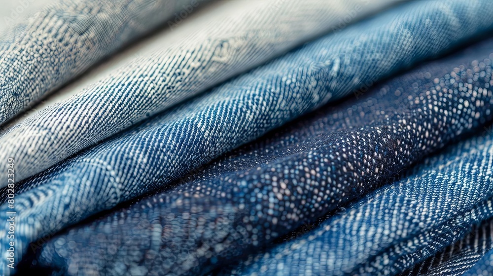 a stack of blue jeans arranged from left to right, including a pair of jeans with a blue stripe, a a stack of blue jeans arranged from left to right, including a pair of jeans with a blue stripe, a