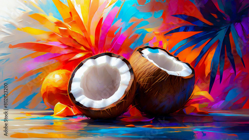 Tropical Vibrance, Coconuts Amidst Abstract Foliage in Colorful Artistic Expression