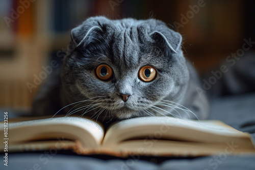 A curious Scottish Fold cat peering quizzically into a half-opened book, ears folded neatly against its head.