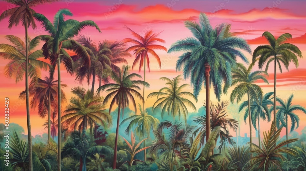 Tropical Jungle Sunset, Paint a lush tropical jungle scene with towering palm trees, dense foliage, and exotic wildlife, set against a backdrop of a fiery sunset sky