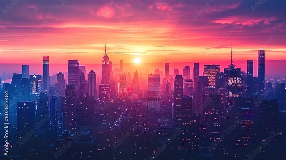 Dynamic cityscape with skyscrapers silhouetted against a colorful sunset