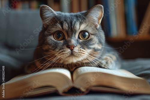 A curious Scottish Fold cat peering quizzically into a half-opened book, ears folded neatly against its head.