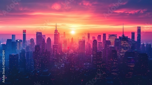 Dynamic cityscape with skyscrapers silhouetted against a colorful sunset