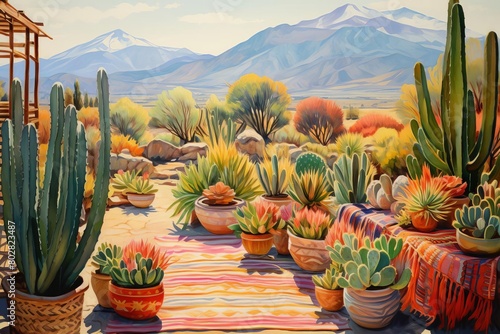 Cacti with Mexican Blankets Show cacti wrapped in or surrounded by vibrant Mexican serapes or blankets photo