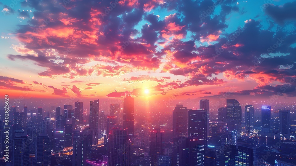 Dynamic cityscape with skyscrapers silhouetted against a colorful sunset Dynamic cityscape with skyscrapers silhouetted against a colorful sunset