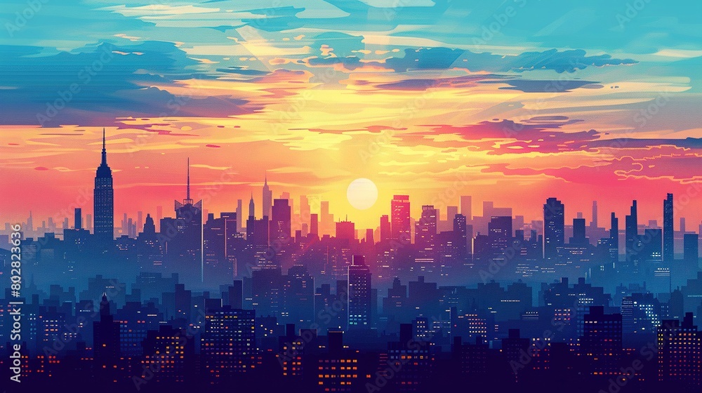 Dynamic cityscape with skyscrapers silhouetted against a colorful sunset