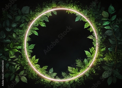 A yellow neon circle is framed by a ring of green leaves on a dark background.