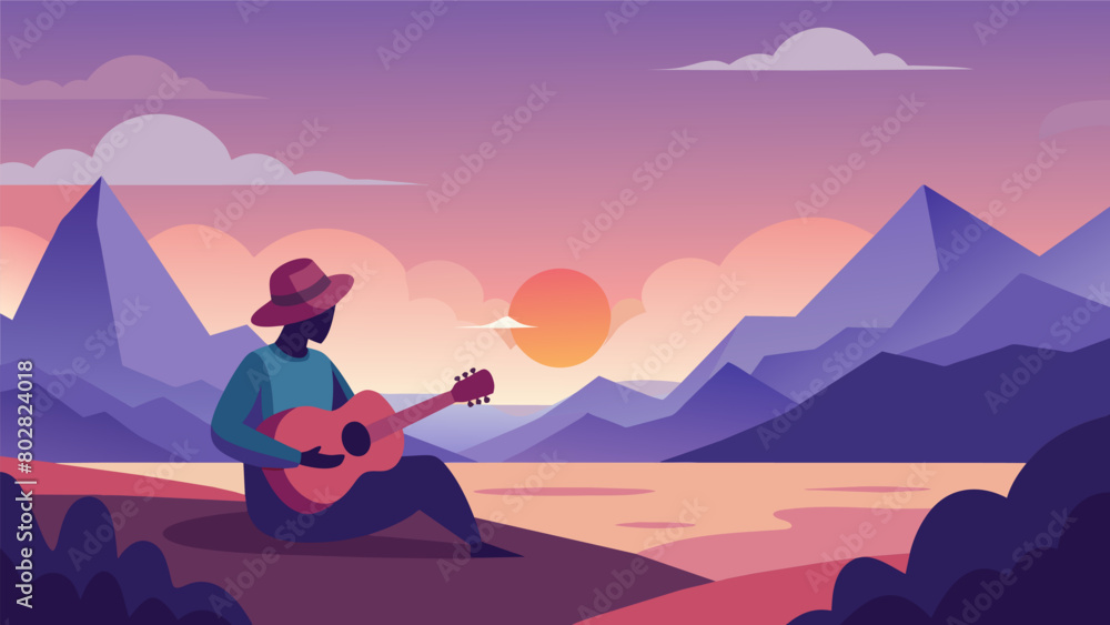 Against a breathtaking landscape a lone figure plays a guitar creating a serene and atmospheric image for a cover of a calming instrumental album. Vector illustration