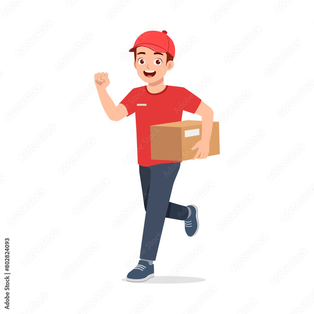 young delivery man holding package and run young delivery man holding package and run