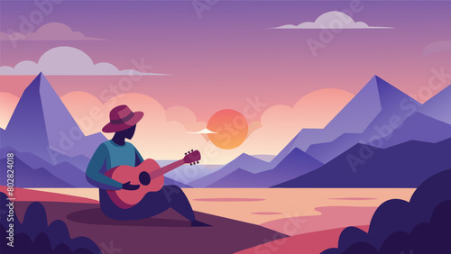 Against a breathtaking landscape a lone figure plays a guitar creating a serene and atmospheric image for a cover of a calming instrumental album. Vector illustration