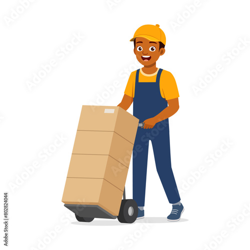 young delivery man push cart with package box