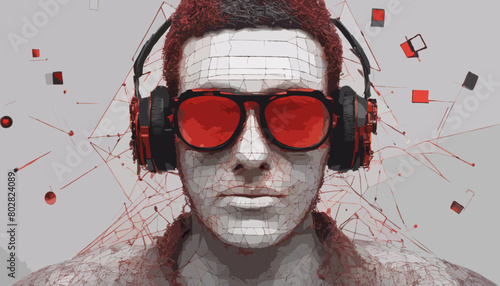 Portrait eines Mannes mit einer roten Sonnebrille. Er hört Musik und ist ein Trendsetter und Influenzer, verkörpert in sich Manpower und Stärke. Vektor - Plakat