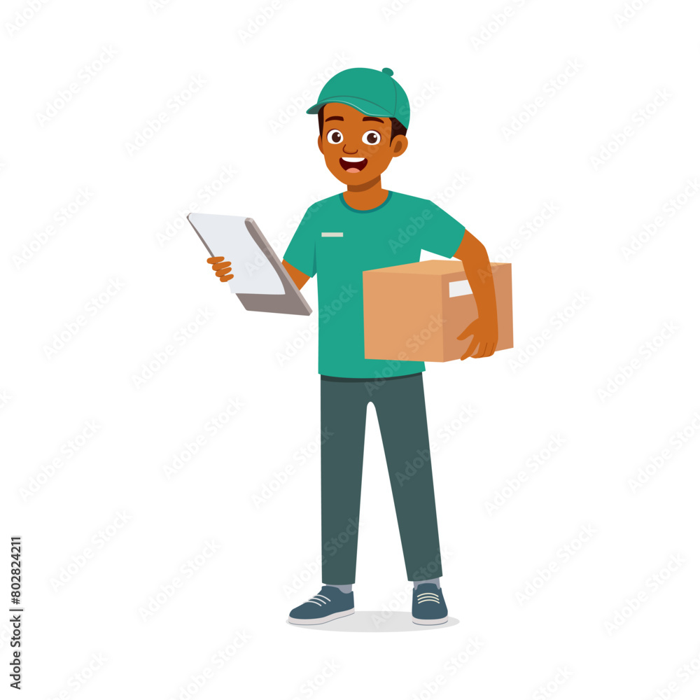 young courier man holding package and clipboard young courier man holding package and clipboard