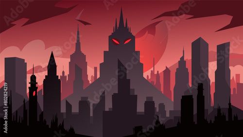 The citys once vibrant and colorful skyline is now masked by the ominous shadow a physical manifestation of the shadow of suion hanging over it..