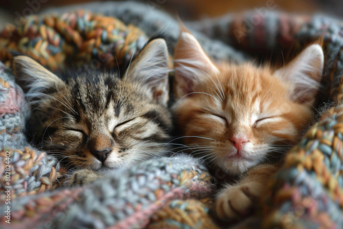 A pair of fluffy kittens nestled together in a cozy knit blanket, noses twitching as they dream.