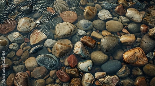 rocks of various sizes and colors are scattered on the beach, creating a serene and picturesque sce photo