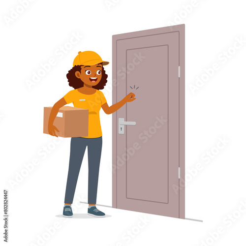 young delivery woman holding package and knocking door