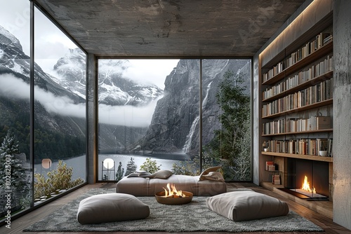 scandinavian design, minimalist library with cozy reading nook and fireplace