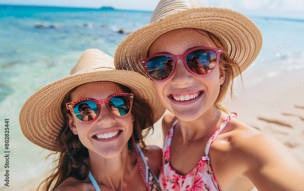 Mother and daughter taking holiday selfies on the beach in summer Mother and daughter taking holiday selfies on the beach in summer
