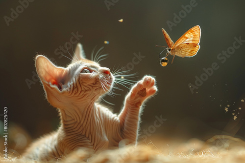 A playful Sphynx cat batting at a fluttering butterfly, its wrinkled skin rippling with every movement.