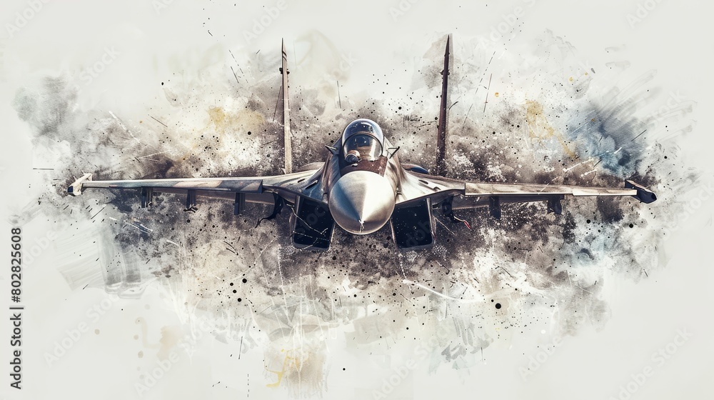 Naklejka premium Artistic watercolor depiction of a classic fighter jet in flight, detailed with subtle shading on a pure white canvas, ideal for nursery art