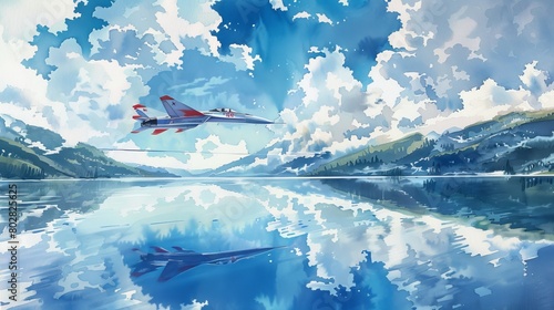 Artistic watercolor depiction of a MiG-15 jet soaring above a serene lake with fluffy white clouds reflecting in the water, merging tranquility with power photo