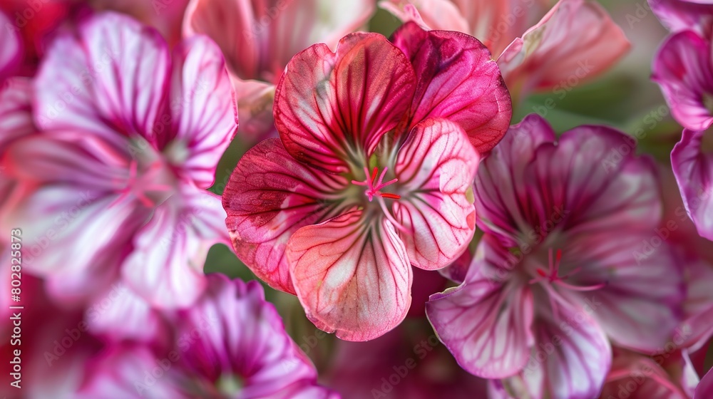 Obraz premium Closeup of geranium pelargonium flowers, showcasing their vibrant colors and intricate petal patterns
