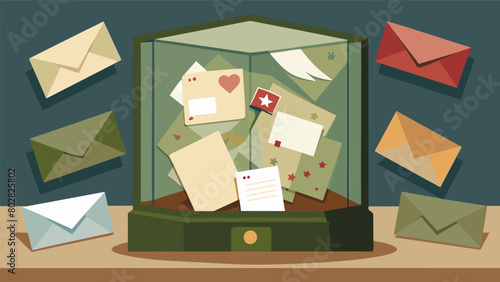 A collection of faded letters and postcards carefully preserved in a glass case. Each one bearing heartfelt messages from soldiers to their loved ones. Vector illustration