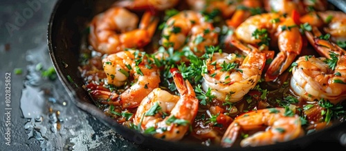 Fresh herbs and shrimp cooked on a skillet photo