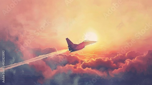 Cute watercolor scene with a rabbit flying a fighter jet, complete with action-packed contrails and a sunset backdrop, ideal for nursery art photo