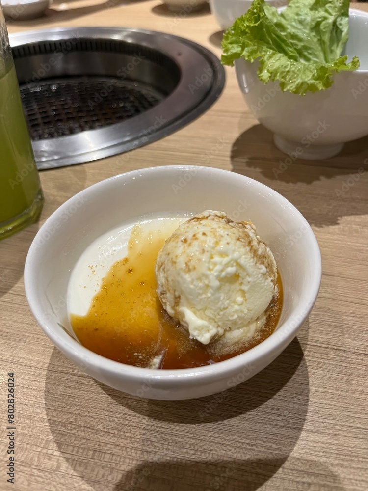 vanilla pudding with melted palm sugar and vanilla ice cream vanilla pudding with melted palm sugar and vanilla ice cream