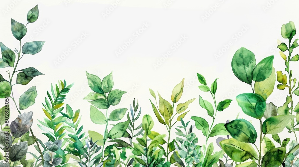 custom made wallpaper toronto digitalHigh-resolution image of lush green watercolor foliage, painted with a variety of vibrant greens, elegantly isolated against a crisp white background