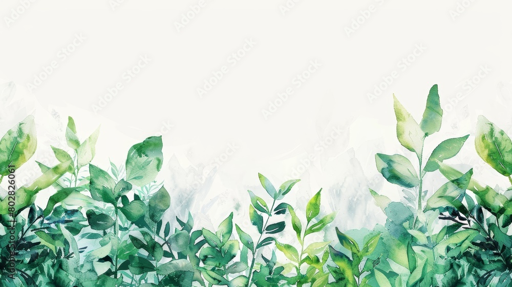 Obraz premium High-resolution image of lush green watercolor foliage, painted with a variety of vibrant greens, elegantly isolated against a crisp white background