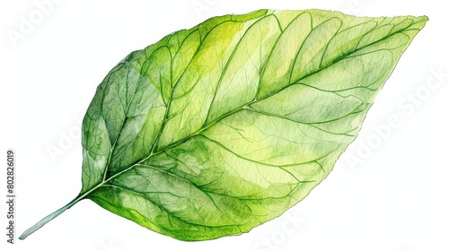 High-resolution image of a single watercolor leaf, painted with delicate gradients and detailed veins, perfectly isolated on a white background photo