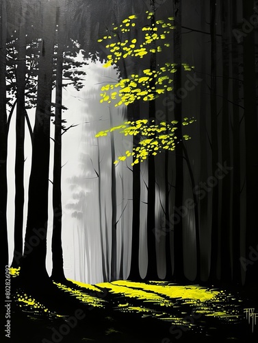  a forest scene with tall trees casting long shadows. The forest floor and some leaves are illuminated with bright yellow light, creating a striking contrast with the dark surroundings.