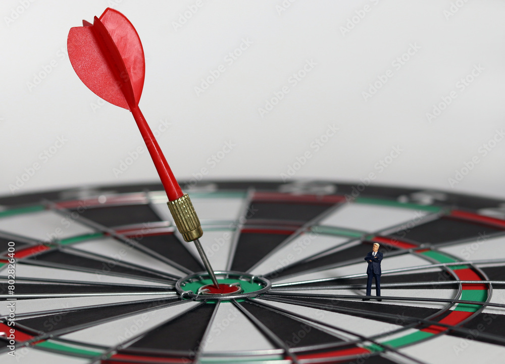 Fototapeta premium The red dart arrow in the middle of the dart paper is the goal of the business. An entrepreneur looking at arrows on a dartboard. Concept of business marketing plans and objectives. 