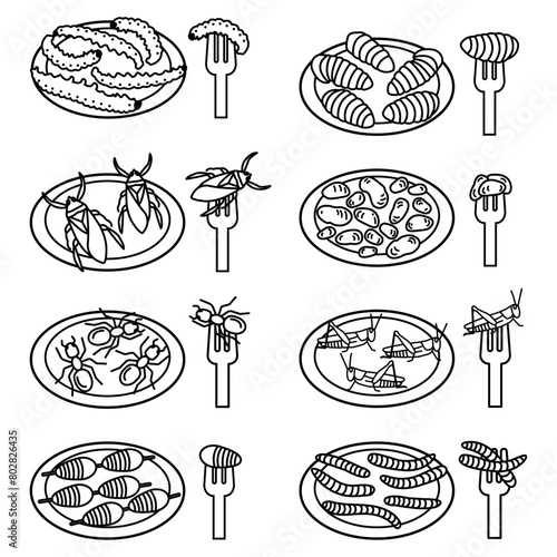 A set of linear images of edible insects in black on a white background