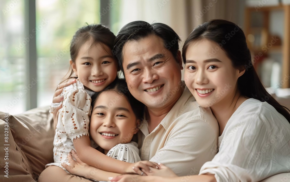 Perfect happy family : Profile photo portrait of an Asian family posing together in a warm home with healthy parents and two beautiful daughters Perfect happy family : Profile photo portrait of an Asian family posing together in a warm home with healthy parents and two beautiful daughters