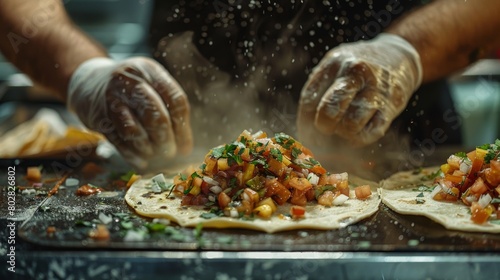 Candid shot of tacos being made in a foodtruck