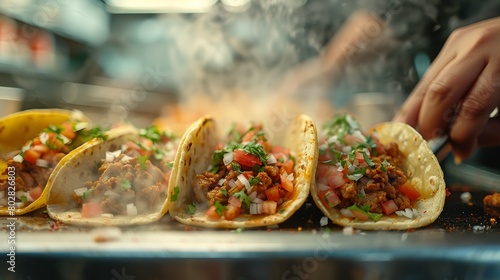 Candid shot of tacos being made in a foodtruck