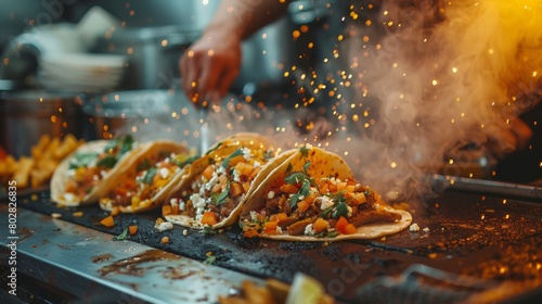 Candid shot of tacos being made in a foodtruck